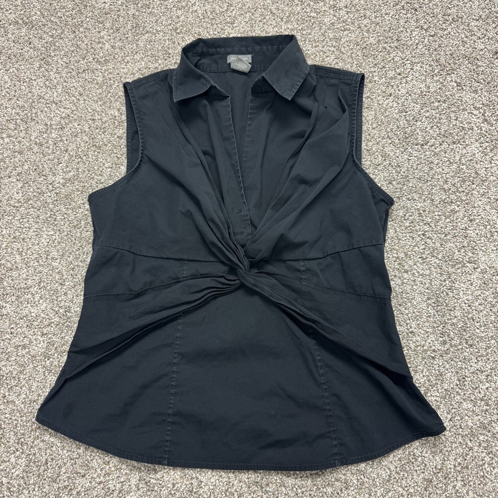 Ann Taylor Blouse Womens 10 Black Twist Front Sleeveless Collared Work Top